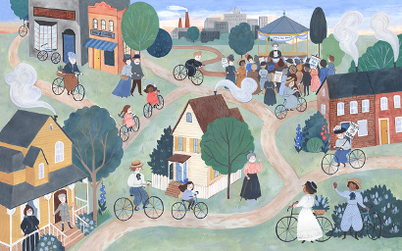 Book illustration: village with cyclists