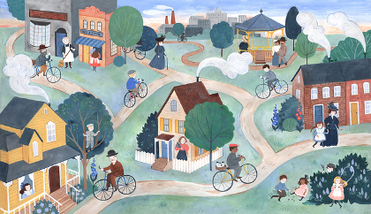 Book illustration: village with cyclists 