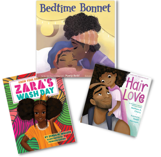 Covers of Bedtime Bonnet, Know your Hairitage, & Hair Love